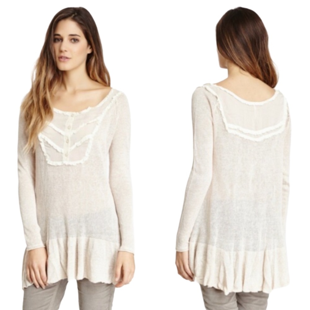 FREE PEOPLE Candy Yoke Linen Peplum Pullover Boho Top Mini Dress Size Medium